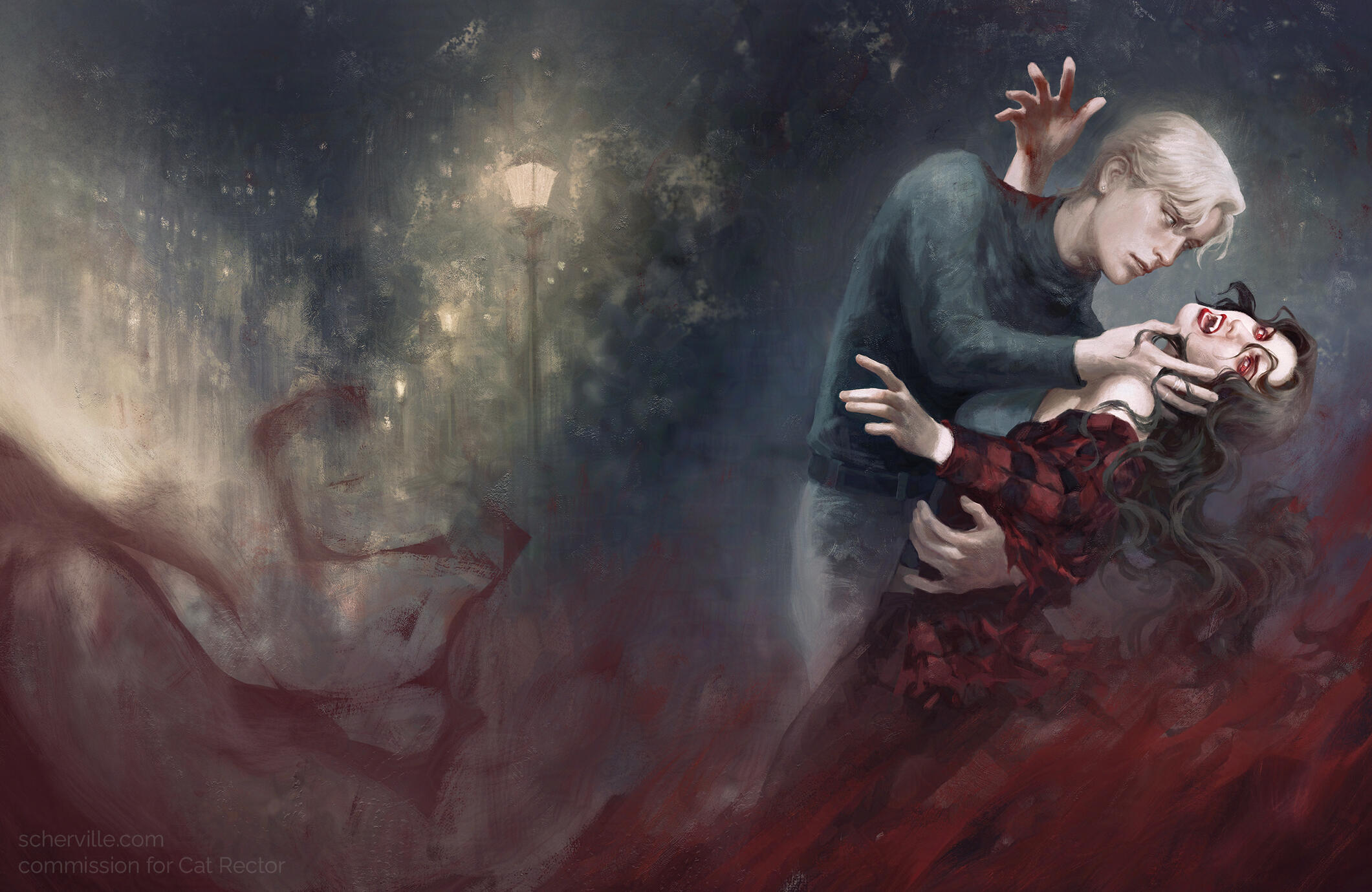 A book cover illustration for "Learning to Bleed" by Cat Rector. Painted in Photoshop. 2025.